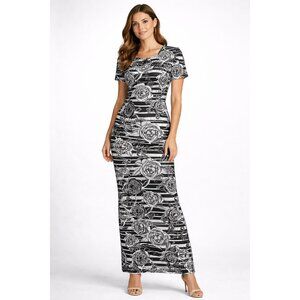 LuLaRoe Black White Floral Stripe Maxi Dress Short Sleeve Size XXS NWT